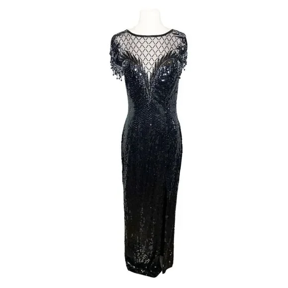 Vintage 90s Size 10 Niteline Sequin Formal Dress Flashy Gown Beaded Fringe - Picture 2 of 8